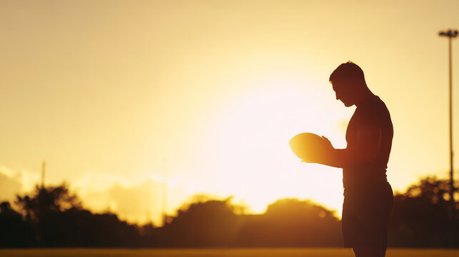 A football player in silhouette looking down at a rugby ball during a sunset, capturing a moment of intense focus, reflection, and quiet preparation for the game.