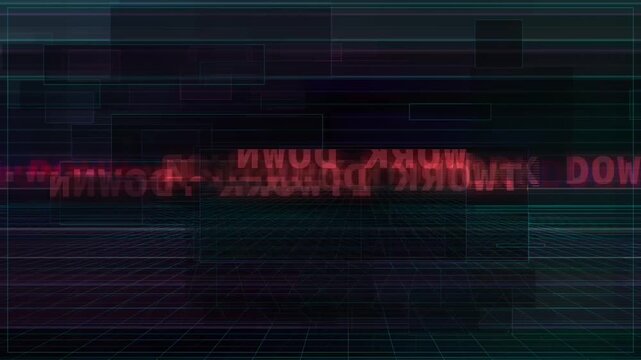 Network breakdown text emerges through glitching geometric overlays on a dark digital grid background