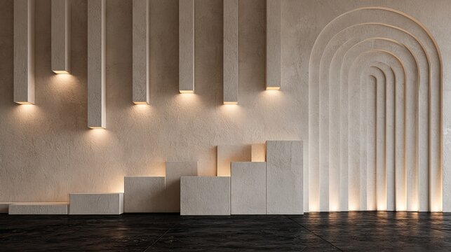 Modern interior with textured wall, stepped platforms, and arched detail