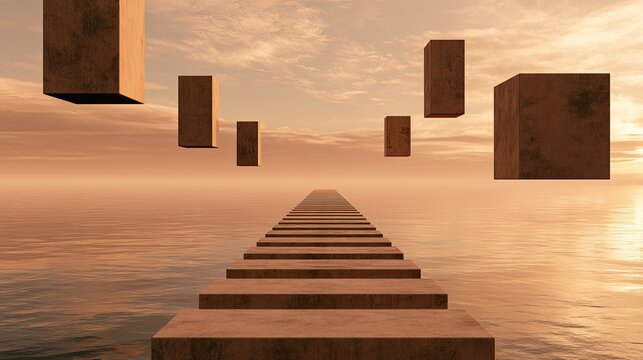 Surreal seascape with floating blocks and a stone path to the horizon