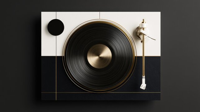 Sleek, modern record player with black and white design and gold accents