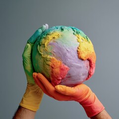 Fototapeta premium Hands in colorful gloves cradle a bright, abstract planet