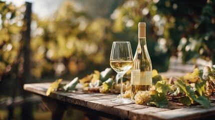 Naklejka premium A bottle and glass of white wine rest on a rustic wooden table in a vineyard. Sunlit grape leaves and bunches create a serene atmosphere perfect for wine tasting.
