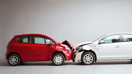 Fototapeta premium A red and white car have collided head-on, both with significant front-end damage. This dramatic scene captures the aftermath of a car accident and highlights road safety.