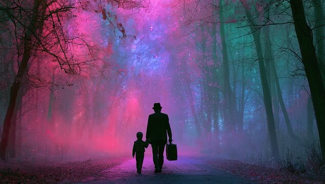 Two figures walk hand-in-hand through a mystical, color-filled forest