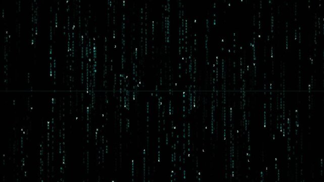 Teal alphanumeric characters falling in streams across a black digital background