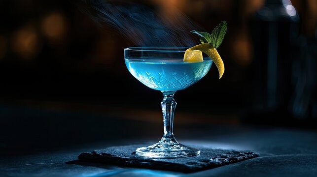 Elegant blue cocktail with lemon twist and mint, wisps of smoke rise