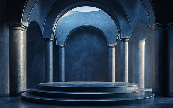 Circular podium in a dark, archway room with three pillars.