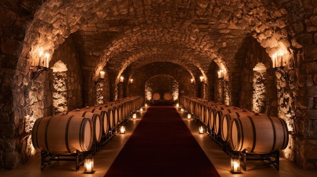 Warmly lit ancient stone cellar filled with rows of wooden barrels