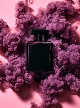 Elegant black perfume bottle emerges from wispy clouds of purple smoke