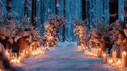 Obraz premium Elegant wedding ceremony arranged in a snow-covered winter forest, illuminated by glowing candles and refined floral decorations, creating a magical fairytale atmosphere in a cold seasonal setting
