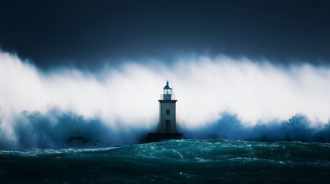 A lonely lighthouse enduring a powerful storm with turbulent ocean waves crashing against it, representing hope, guidance, and unwavering stability in challenging times.