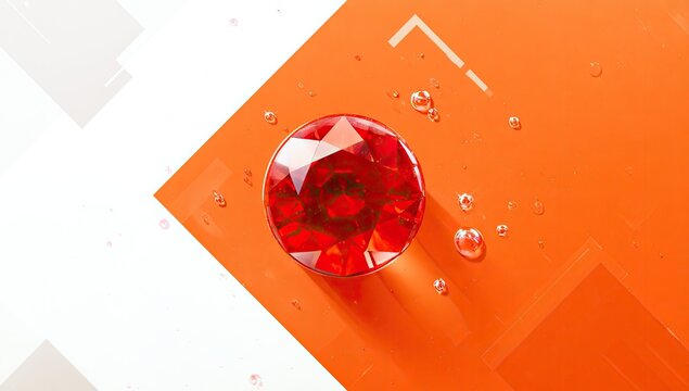 Vibrant red gemstone glints on glossy orange surface with abstract white shapes