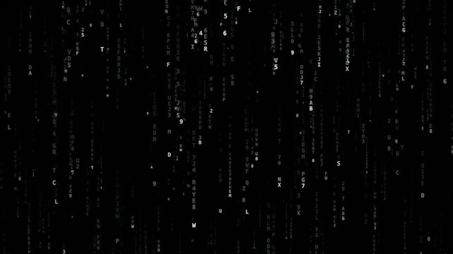 Alphanumeric characters cascading downward in columns against a dark digital background