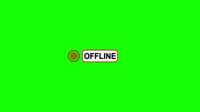 Screen showing a small red blinking dot beside the OFFLINE text animation for social media concept. Red dot Offline status button status animation on green screen.