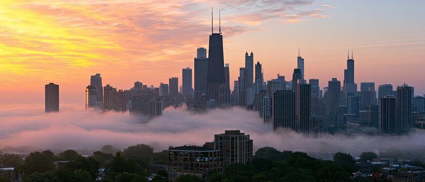 Sunrise over foggy cityscape, with tall buildings emerging from clouds
