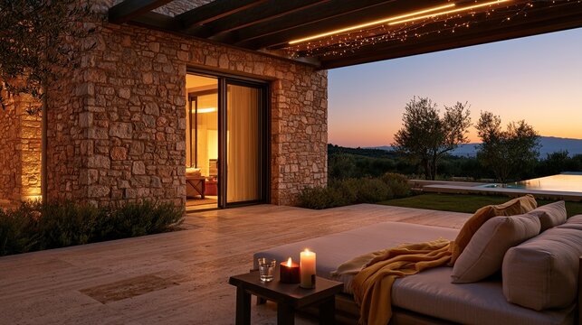 Luxury outdoor patio with lit candles, lounge, and Mediterranean landscape at dusk