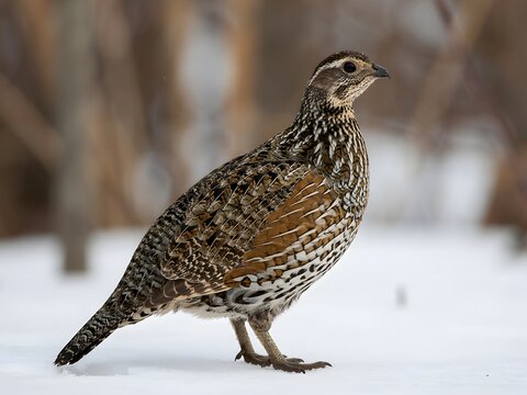 Wild ruffed grouse bird standing alert in snowy forest clearing during winter season