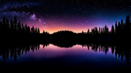Milky Way galaxy reflected in a still lake at sunset, silhouetted by trees.