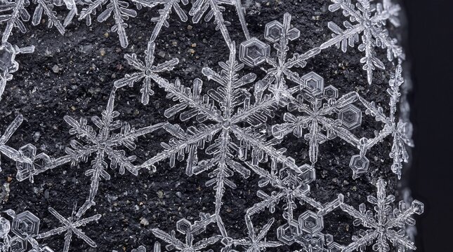 Extreme close-up frontal shot of snowflake frost crystals on dark surface, absolute sharpness edge to edge macro texture