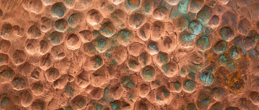 Extreme close-up orthographic hand-beaten copper sheet texture with hammer-mark dimples and soft oxidation gradients