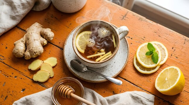 Warm ginger tea with lemon and honey healthy beverage concept