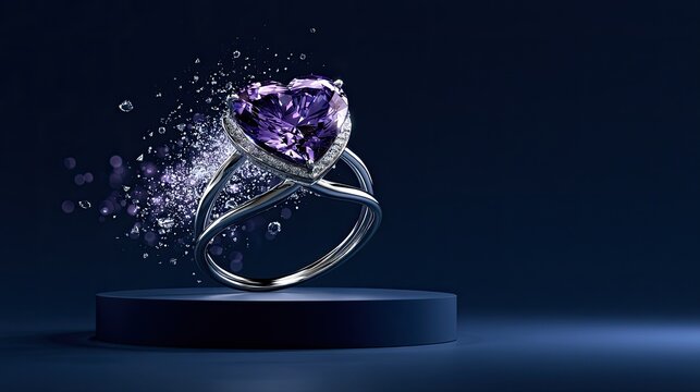 Glamorous heart-shaped purple gemstone ring sparkles on dark blue pedestal