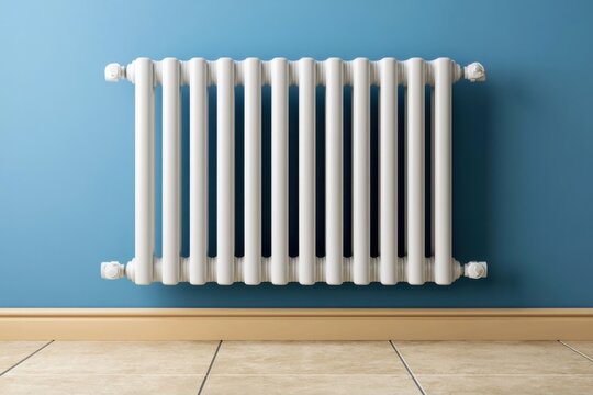 Classic white cast iron radiator mounted on a vibrant blue wall above a light wooden floor