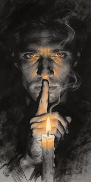 Atmospheric charcoal drawing of a man making a hush gesture by candlelight