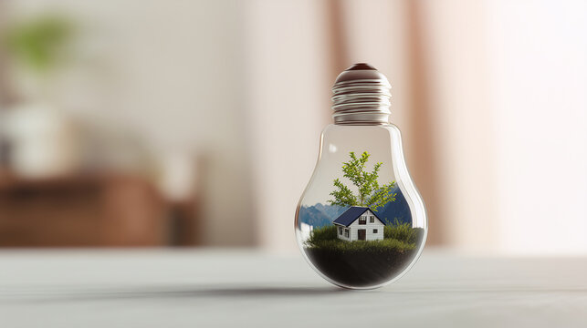 A tiny house with a growing tree inside a light bulb, symbolizing sustainable living, eco-friendly homes, and environmental conservation in a creative conceptual display.