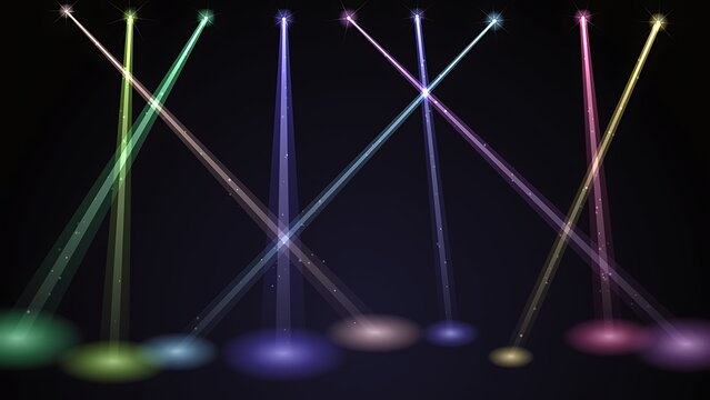 Dynamic colorful stage lights vector illustration glowing concert beams against dark background with spotlight lighting performance illumination background nightclub entertainment projector