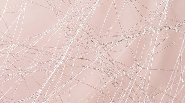 Ultra-sharp macro photograph of delicate spun sugar threads stretched across a soft pale blush pink background creating abstract art