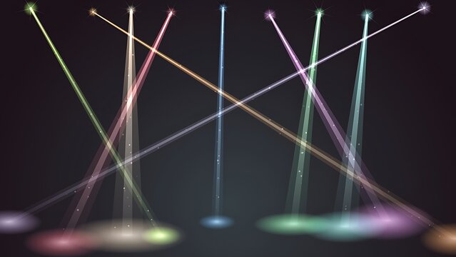 Glowing colorful concert stage lights vector illustration showing bright beams on dark backdrop with spotlight lighting performance illumination background nightclub entertainment projector