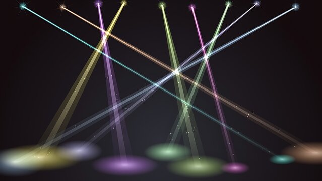 Stage lighting with intersecting beams and glowing ground projections spotlight illumination performance spotlights colorful background abstract entertainment projection graphics template