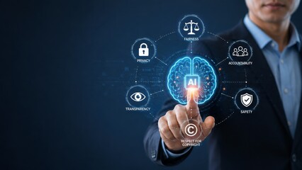 Obraz premium Concept of Businessman Pointing at Brain Icon Representing Ethics in AI, Emphasizing Fairness, Privacy, Accountability, and Safety Aspects of Technology Use