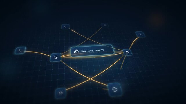 AI Customer Service Booking Agent Animation, Seamless Loop, Abstract Digital Interface, Tech Background, Virtual Assistant, Customer Support Visualization, Futuristic Technology