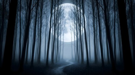 Obraz premium A hauntingly beautiful and mysterious halloween forest scene bathed in the eerie glow of a full moon evokes a sense of wonder and spooky anticipation