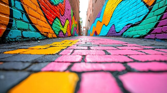 Photography of a vibrant street art mural covering an entire brick wall in an urban alleyway,
