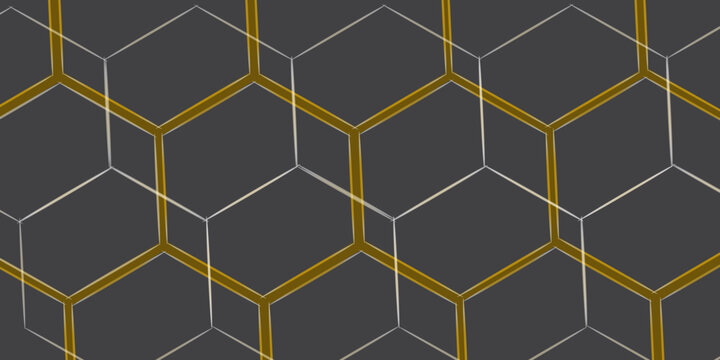 Luxury hexagonal abstract black metal background with golden light lines. Dark 3d geometric texture illustration. Bright grid pattern. Pure black horizontal, cool abstract