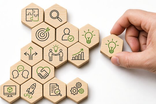 Hand places wooden hexagon block with lightbulb icon into interconnected pattern