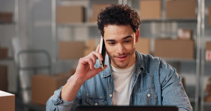 Laptop, phone call and man in office for distribution info, address confirmation or communication. Tech, talk and happy person with delivery schedule, shipping order and ecommerce in SME business