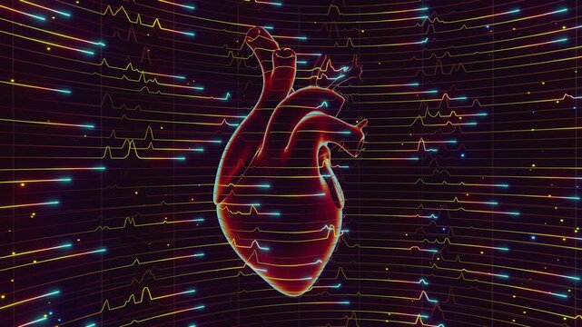 Seamless loop of anatomical human heart surrounded by glowing cardiogram pulse waves. Digital futuristic medical interface model showing dynamic heartbeat telemetry and medical science background.