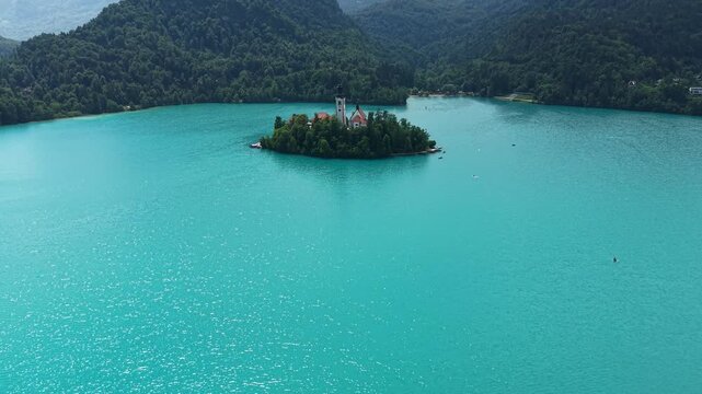 Lake Bled Island and Church, Drone Shot of Landmark and Glacial Blue Alpine Water on Sunny Summer Day