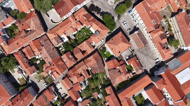 Top Down Drone View of Koper Old Town, Slovenia. Old Buildings and Cathedral on City Square