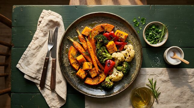 Roasted vegetable platter with carrots broccoli cauliflower and squash