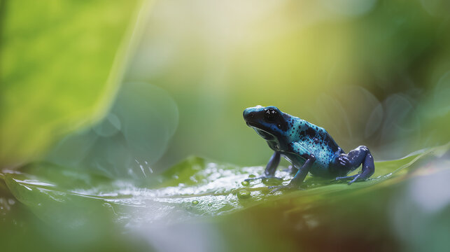 Exotic blue poison dart frog sitting peacefully on a wet green leaf in a lush rainforest. Capturing detailed macro nature photography of rare amphibians in the wild.