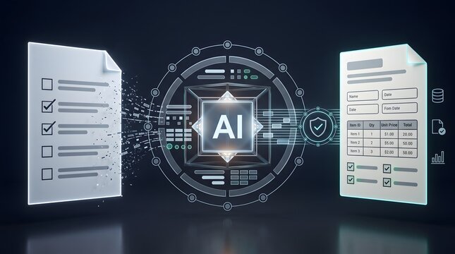 Financial document automation concept showing intelligent character recognition processing invoices into secure digital database records