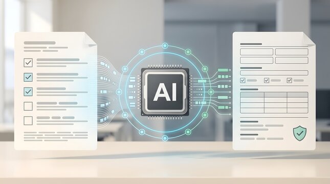 Corporate paperwork digitization process showing an advanced algorithmic processor converting analog checklists into secure electronic files