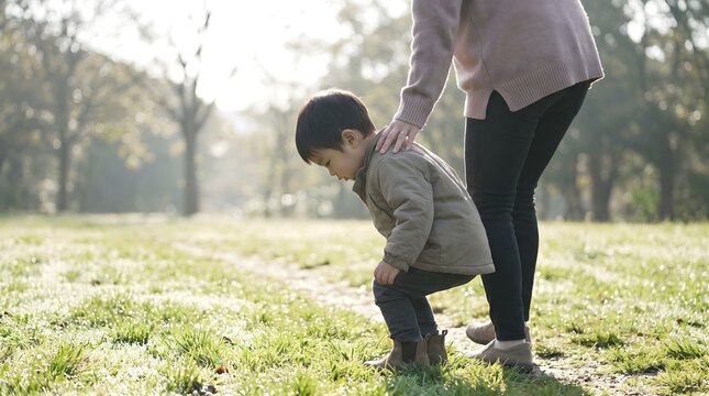 Mother gently supporting toddler boy bending down to observe grass in meadow