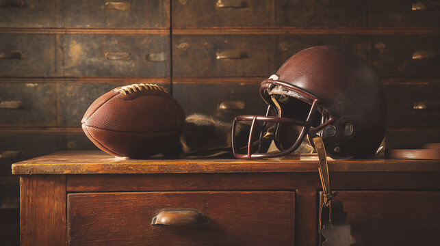 A weathered American football helmet and a classic leather football sit on a rustic wooden table in front of old storage drawers, evoking the nostalgic spirit of vintage equipment and history